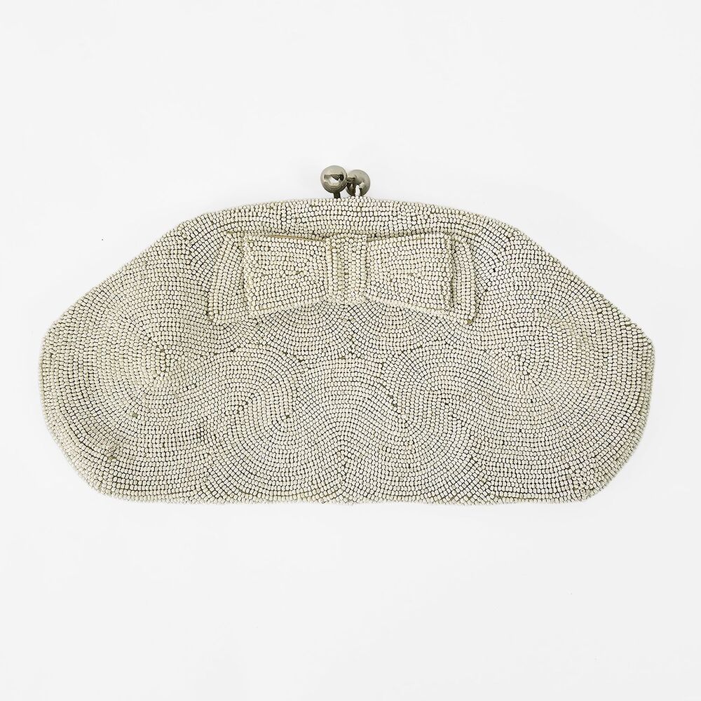 Vintage Josef White with Bow Clutch Purse Hand Beaded in Japan 40's 50's MCM